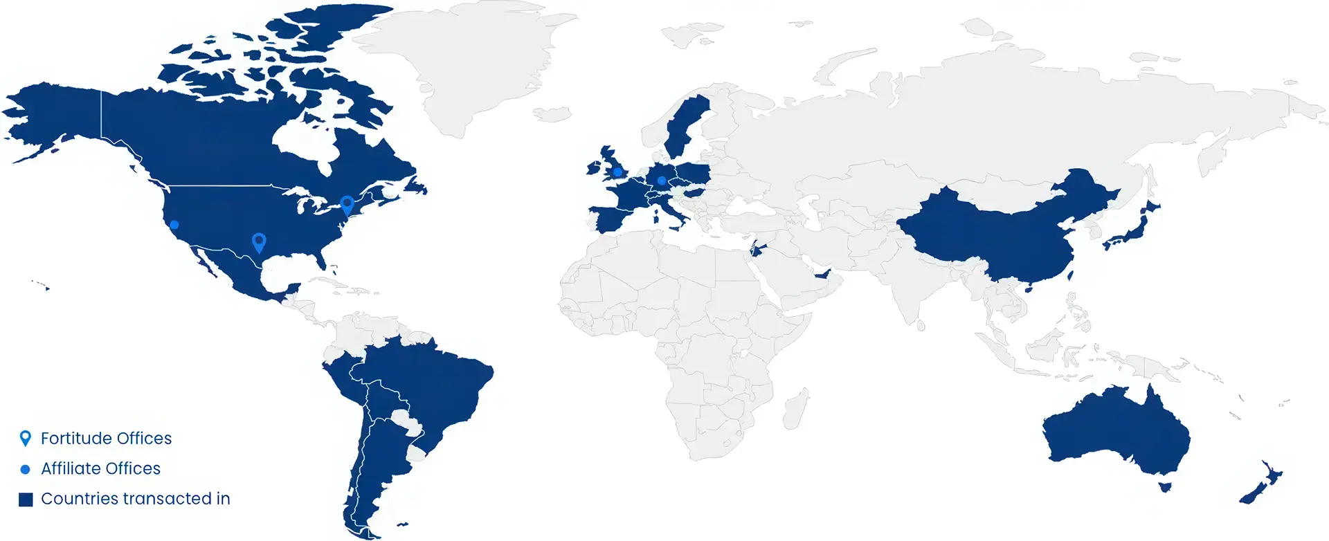 World map showcasing Fortitude Advisors' presence in many countries across the globe.